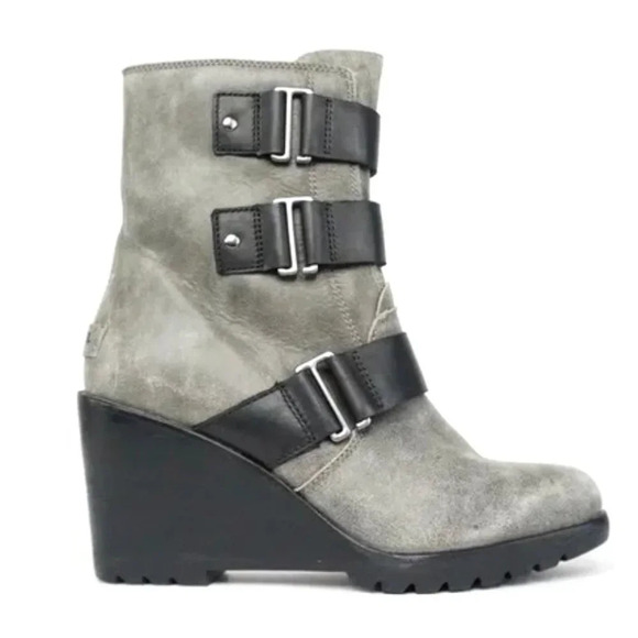Sorel After Hours Grey Suede Leather Wedge Buckle Strap Chelsea Boots Size 7.5 - Picture 1 of 8